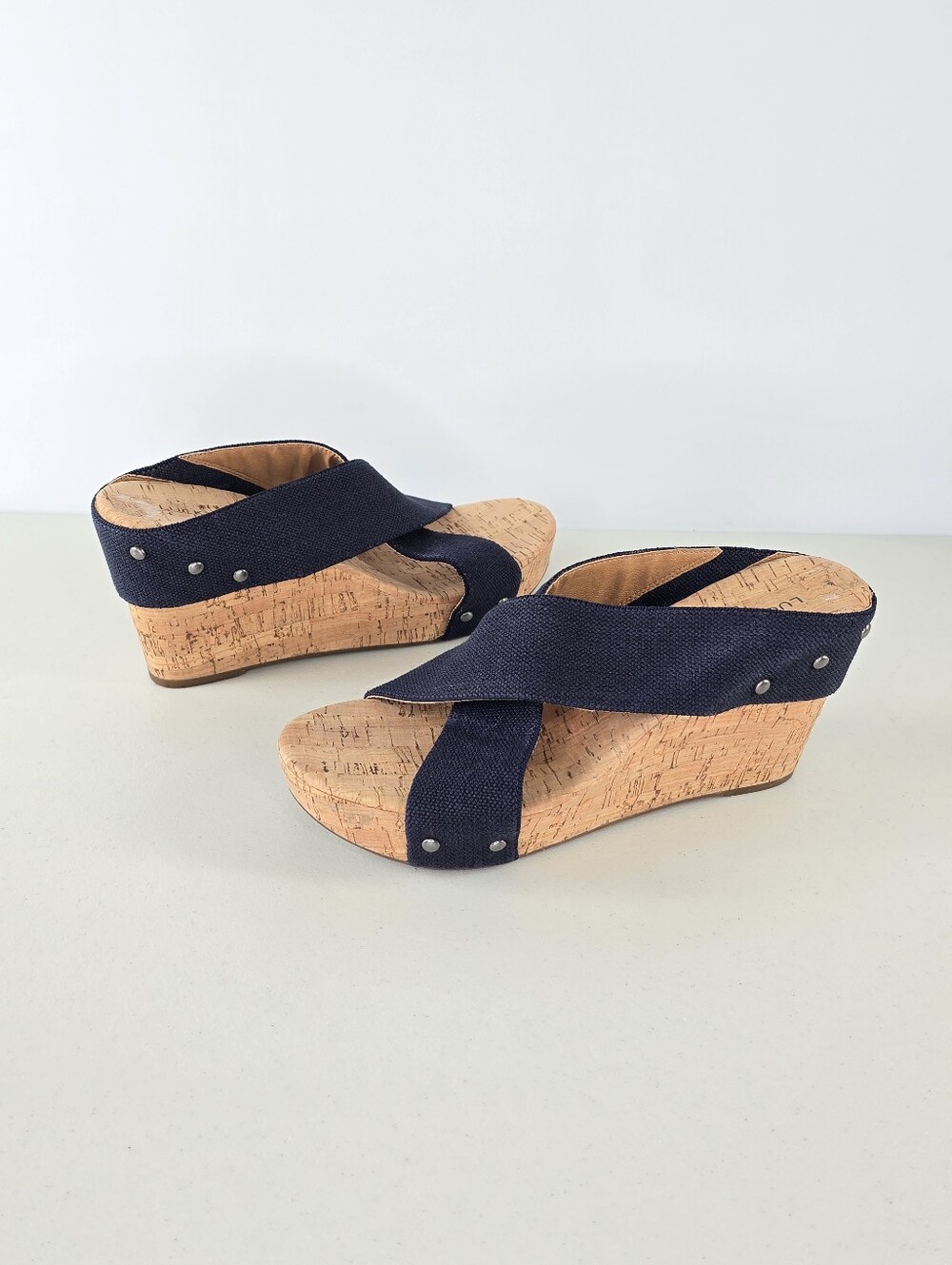 Lucky Brand Mykayla Navy Canvas Silver Studs Cork Wedge Heel Sandals Size 10